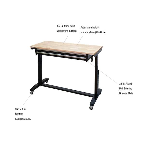 52 in. W x 24 in. D 2-Drawer Adjustable Height Blaxk Work Table with Solid Wood Top