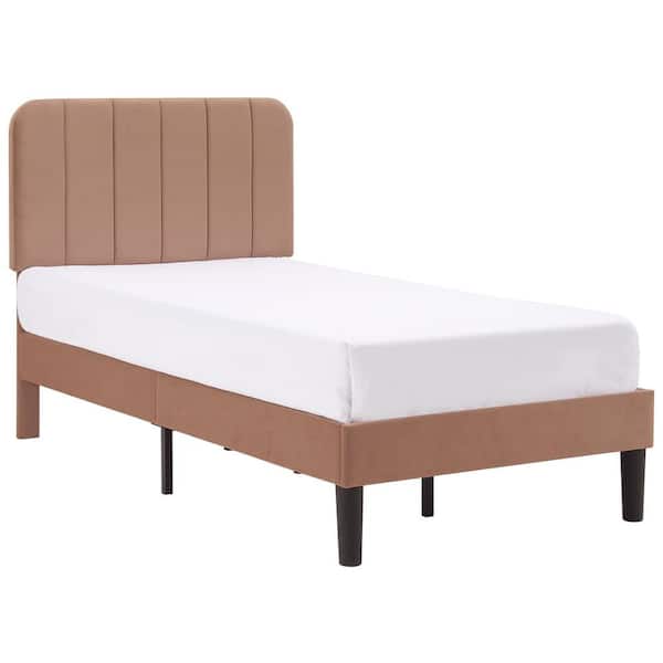 VECELO Upholstered Bed, Brown Twin Bed Platform Bed Frame with Adjustable Headboard, Strong Wooden Slats Support Bed Frame