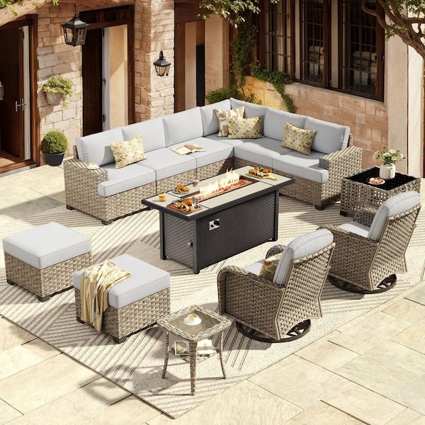 Tiberty Gray 13-Piece Wicker Patio Rectangle Fire Pit Conversation Set with Gray Cushions and Swivel Chairs