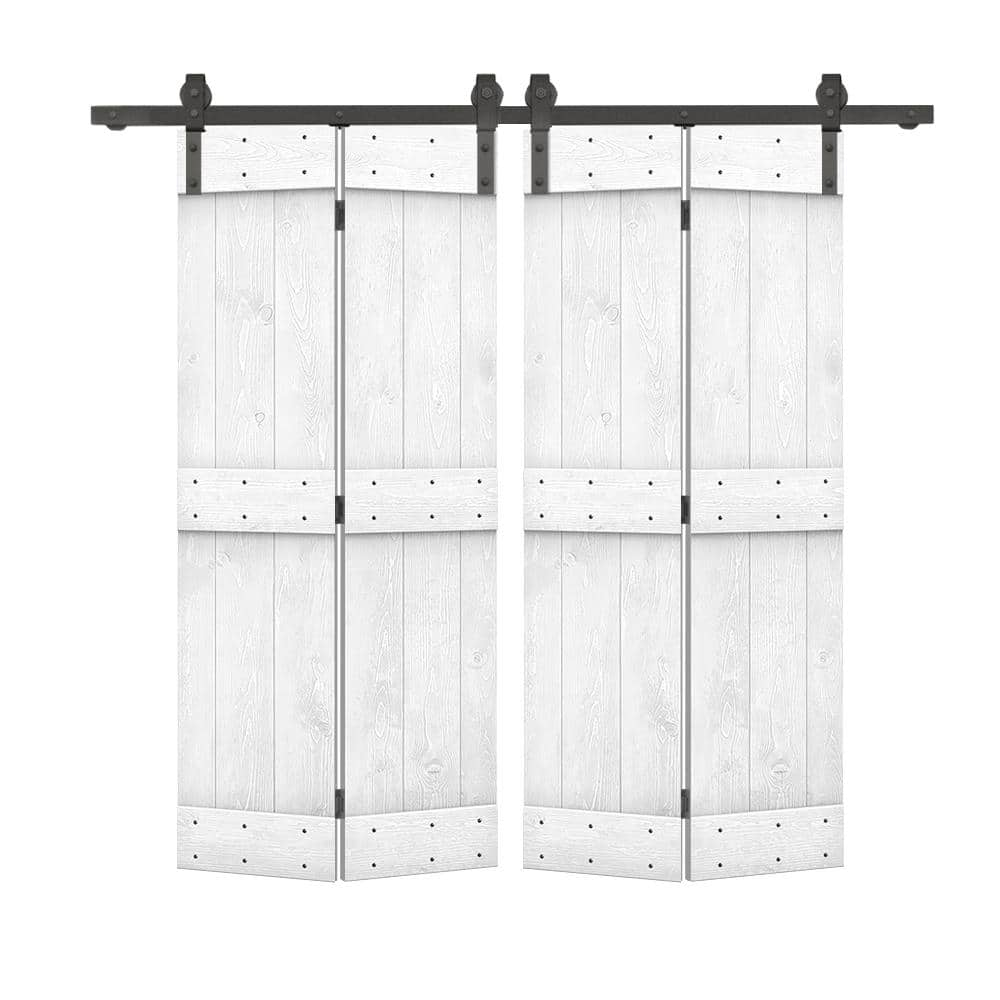 CALHOME 64 in. x 84 in. Mid-Bar Series Solid Core White Stained DIY Wood Double Bi-Fold Barn Doors with Sliding Hardware Kit