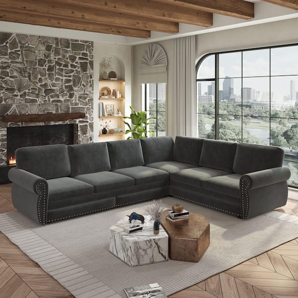 Louise 118 in. Rolled Arm Chenille Upholstered L-Shaped Sectional Sofa in. Dark Grey with Pull-Out Bed, Nailhead Trim