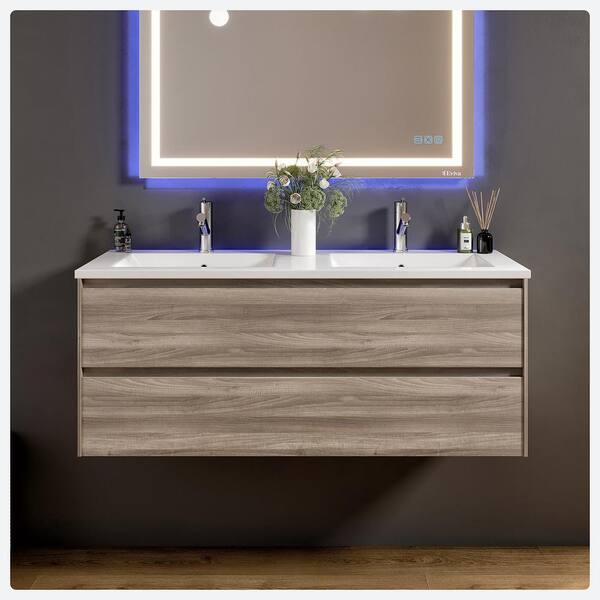 Eviva Bloom 48 in. W x 18 in. D x 34 in. H Double-Sink Floating Bath Vanity in Walnut with White Porcelain Top
