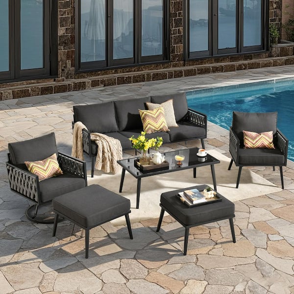 Vinency 6-Piece Black Metal Patio Conversation Set with Black Cushions and Swivel Chairs