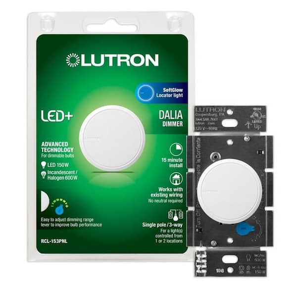 Lutron Dalia LED+ Illuminated Rotary Light Dimmer Switch, 150W LED Bulbs/Single-Pole or 3-Way, White (RCL-153PNLH-WH)