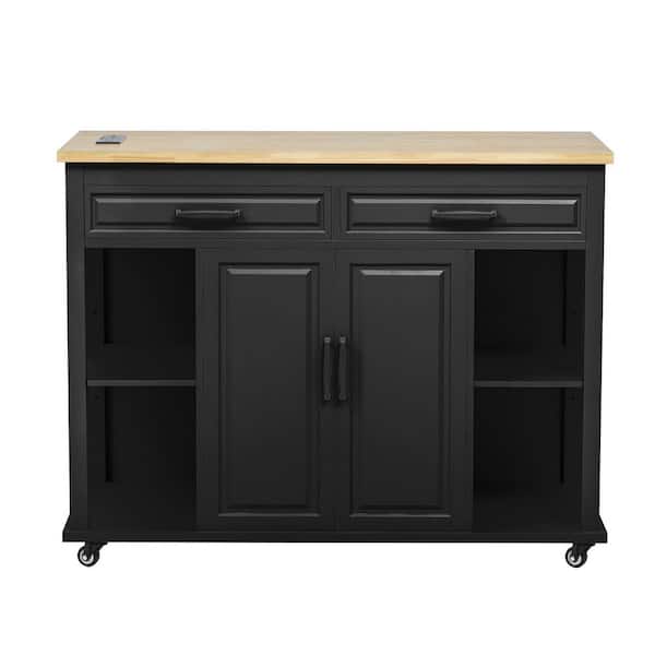 Tileon Black Wood 47.2 in. W Kitchen Island with Extendable Dining Table, Internal Storage Rack, Power Outlet, 2 Drawers