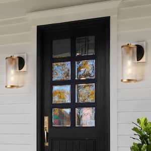 Modern Satin Gold 1-Light Outdoor Wall Sconce Textured Black Cylinder Outdoor Wall Light with Textured Glass Shade