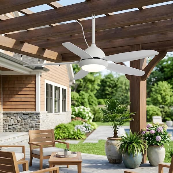 52 in. LED Indoor/Outdoor White Downrod Ceiling Fan with Remote Control and 3CCT Dimming