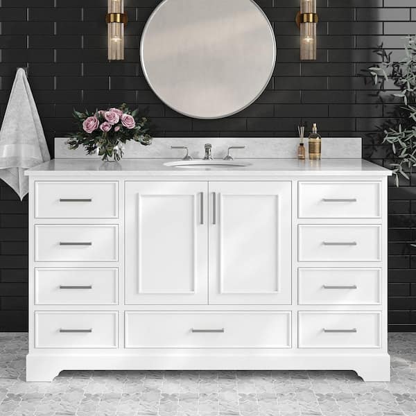 ARIEL Stafford 61 in. W x 22 in. D x 35.25 in. H Single Sink Freestanding Bath Vanity in White with Carrara White Marble Top