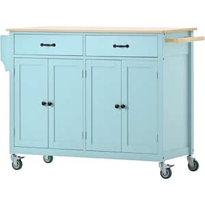 54.3 in. W Green Solid Wood Top Kitchen Cart with Locking Wheels, 4-Door Cabinet and 2-Drawers