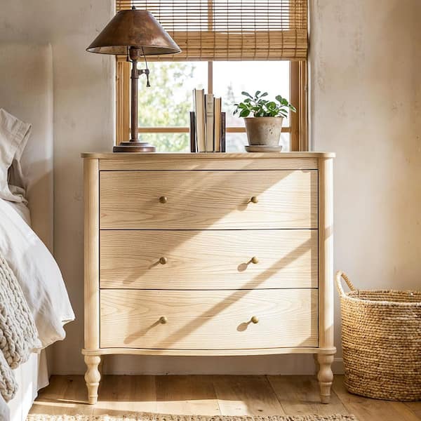 Natural 3-Drawer 32.8 in. Wide Dresser without Mirror with Solid Wood Legs, Curved Drawer, Anti-Tip for Living Room Use