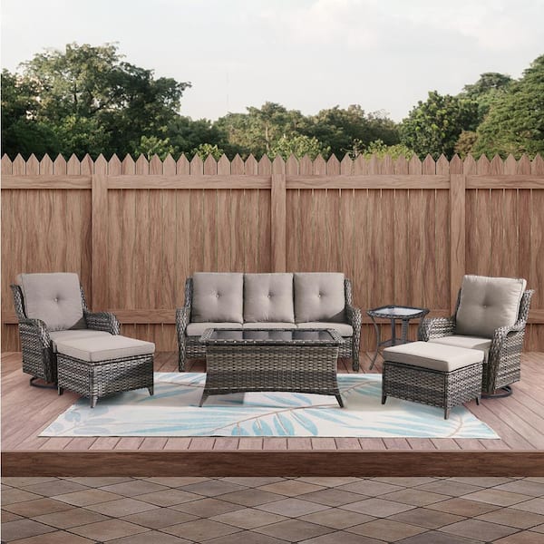 Opohoro Gray 7-Piece Wicker Patio Conversation Set with Swivel Rockers, Outdoor Sofa Seating Set with Olefin Gray Cushions