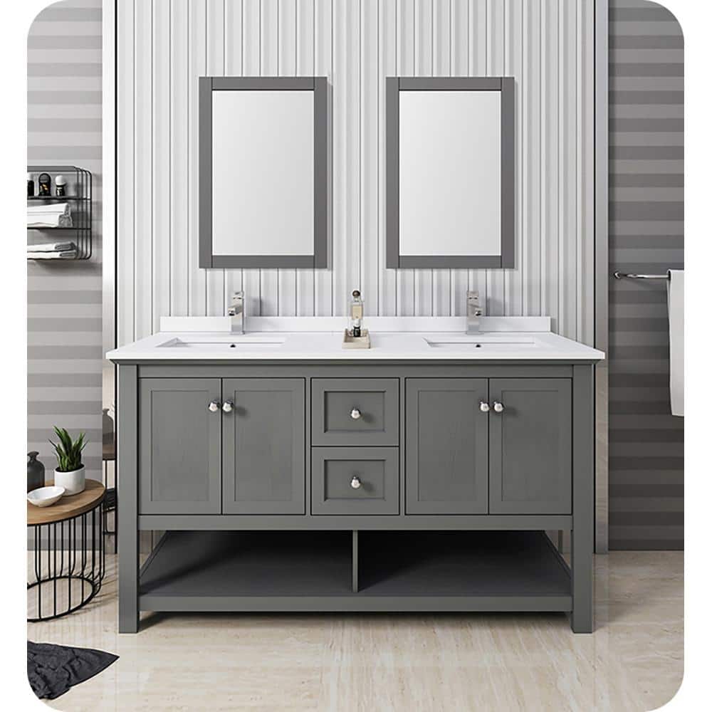 Gray Wood 60" Double Sink Freestanding Bathroom Vanity Base