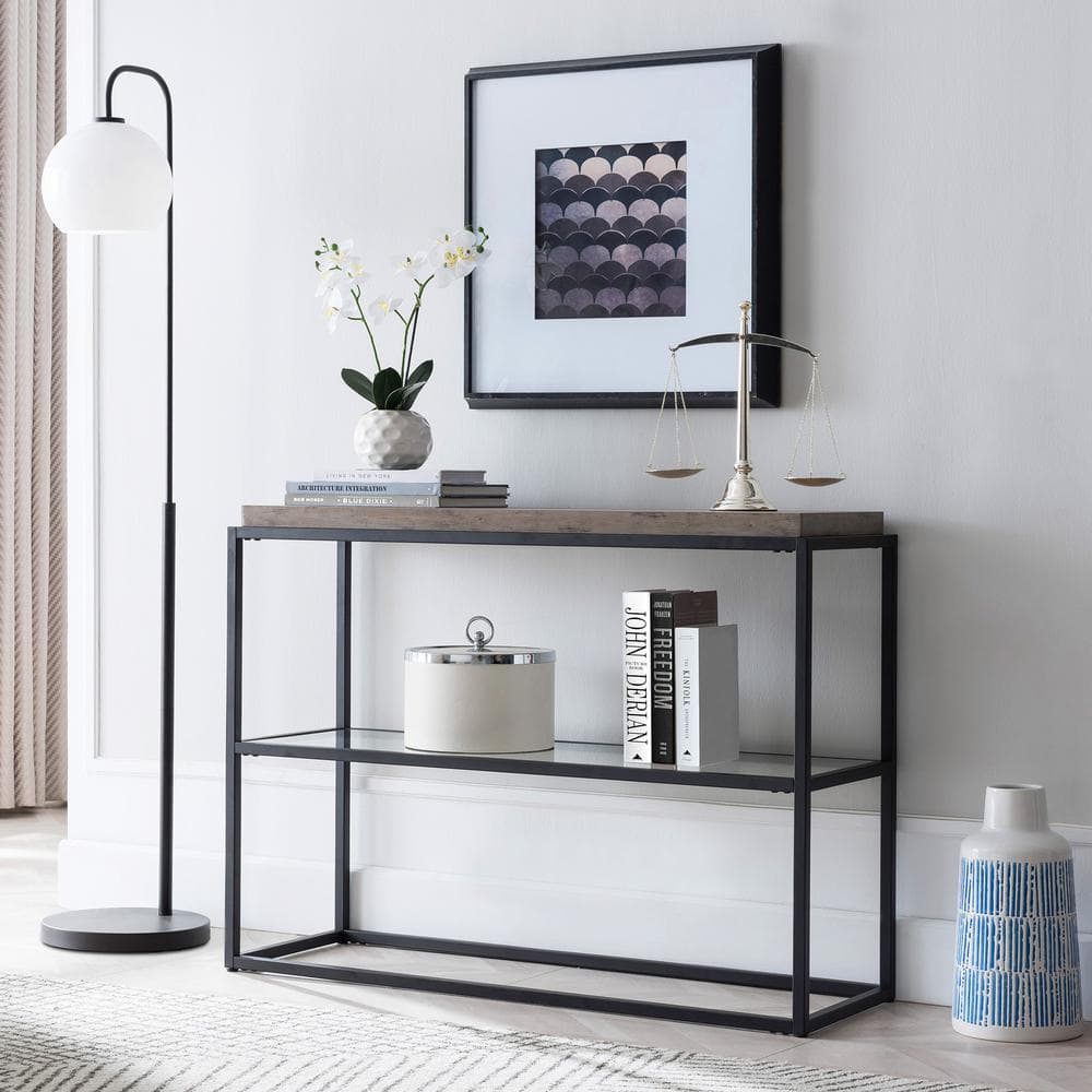 42'' Blackened Bronze and Gray Oak Hallway Table with Glass Shelf