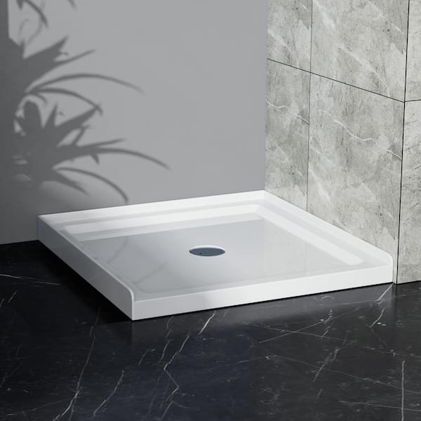 ELEGANT Shower Pan in White 36x 36, Solid Surface Shower Pan in White,  Stainless Steel Drain, Non-Slip Single Threshold Shower Base 