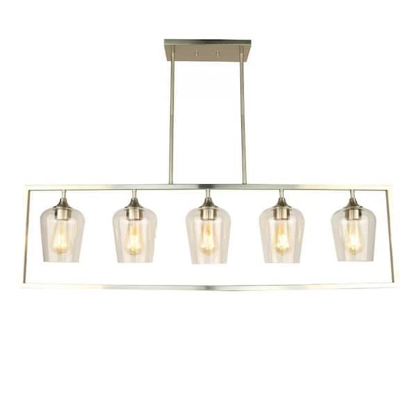PUDO 46.75 in. 5-Light Silver Rectangle Pendant Light with Clear Glass Shade