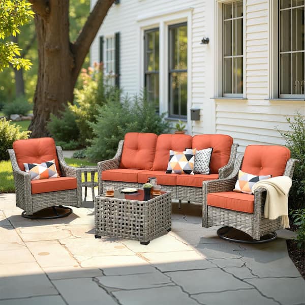 HOOOWOOO Denver 5-Piece Wicker Outdoor Furniture Patio Conversation Sofa Set with Swivel Rocking Chairs and Red Cushions