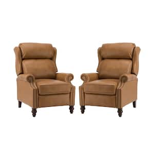 Medusaeus Camel Genuine Leather Manual Recliner with Solid Wood Legs Set of 2