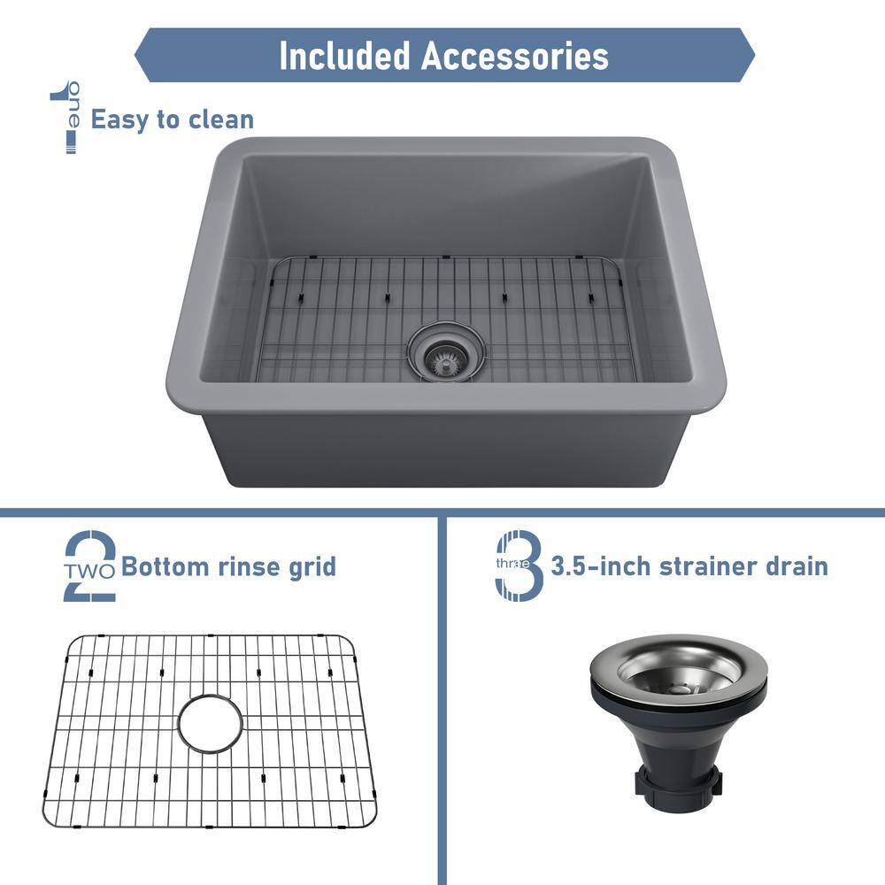 Matte Gray Fireclay 27" Single Bowl Undermount Kitchen Sink