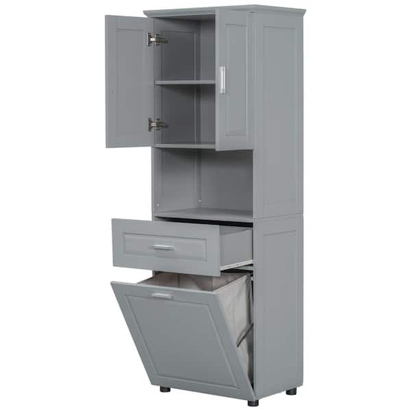25 in. W x 16 in. D x 70 in. H Gray MDF Freestanding Linen Cabinet with Laundry Basket, Drawers, Adjustable Shelf