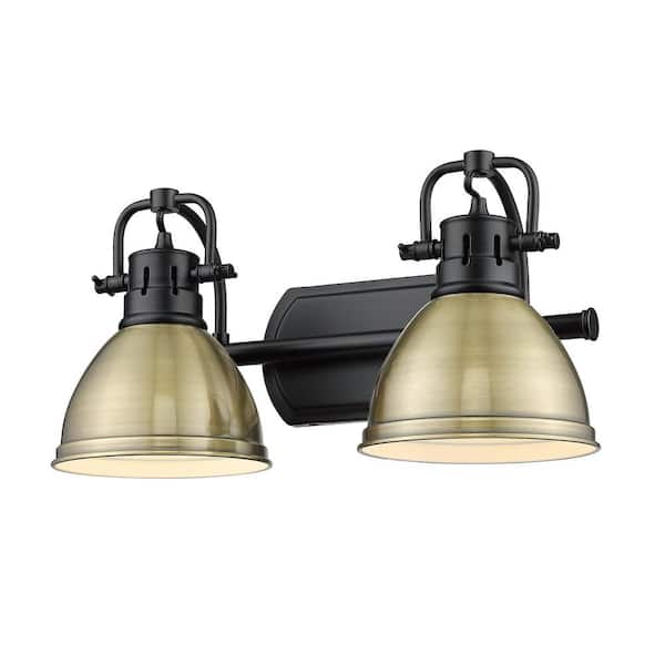 Golden Lighting Duncan 8.5 in. 2-Light Matte Black Vanity Light with Aged Brass Shades