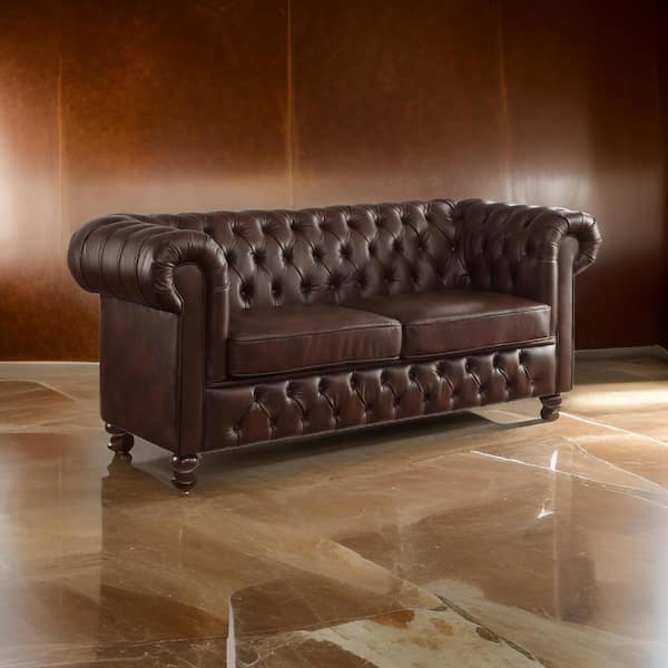 Benjara Ivey 36.5 in. Round Arm Faux Leather Rectangle Sofa in Brown