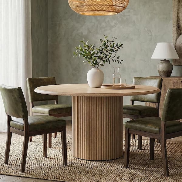 Oak Round Wood 47 in. W x 29.5 in. H Pedestal Kitchen Dining Table with Cylindrical Fluted Metal Base Seats 4