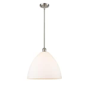 Bristol Glass 1-Light Brushed Satin Nickel Cage Pendant Light with Matte White Glass Shade