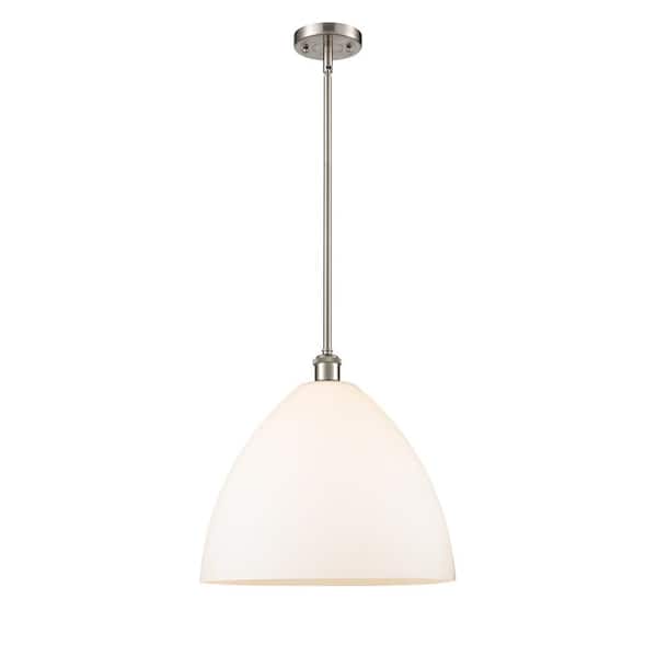 Innovations Bristol Glass 1-Light Brushed Satin Nickel Cage Pendant Light with Matte White Glass Shade