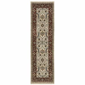 Ivory Red Green Grey Blue and Navy 2 ft. x 8 ft. Oriental Power Loom Stain Resistant Fringe with Runner Rug