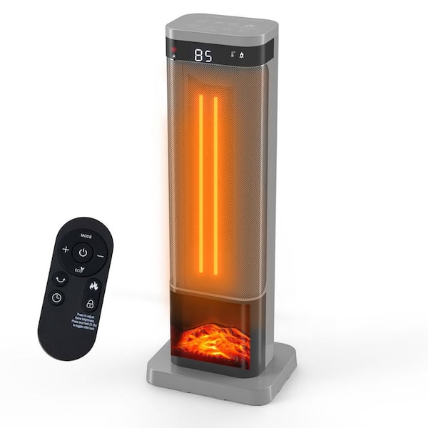 24" Silver 1,500-Watt Portable Electric Patio Heater with Remote & Thermostat, 60° Oscillation, Indoor Use