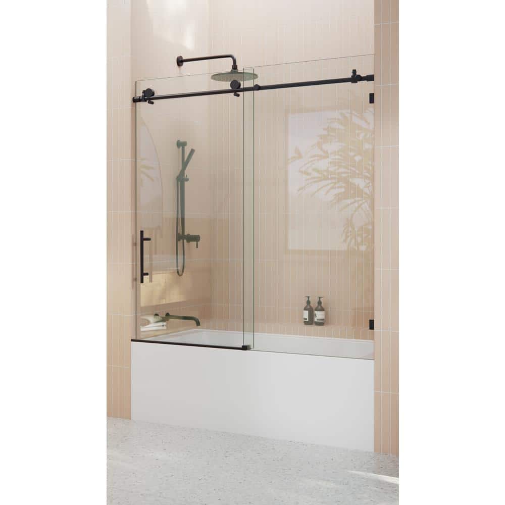 Matte Black Frameless Sliding Bathtub Door with Brass Fittings