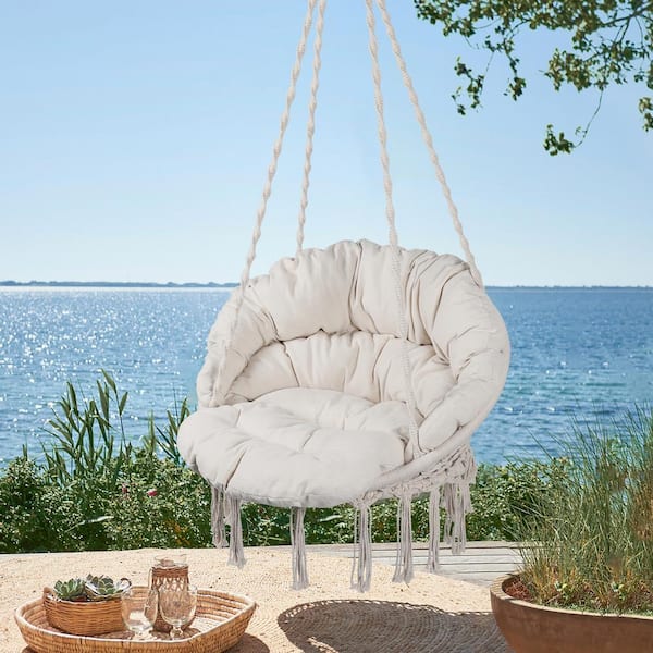 MORNINGSTAR ECHEO LLC 1-Person Wicker Cotton Rope Porch Swing Hammock Chair with Beige Cushion