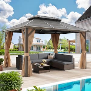 Residential 13 ft. x 10 ft. Brown Permanent Outdoor Gazebo with Privacy Curtain and Netting