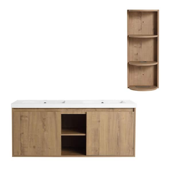 TCYO 48 in. Wall-Mounted Imitative Oak Bath Vanity with Double White ...