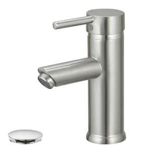 Simple Single-Handle Single-Hole Bathroom Brass Sink Faucet with Pop-Up Drain Assembly Kit Included in Brushed Nickel