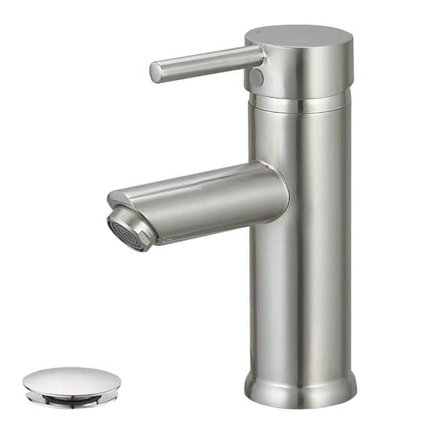 HOMEMYSTIQUE Simple Single-Handle Single-Hole Bathroom Brass Sink Faucet with Pop-Up Drain Assembly Kit Included in Brushed Nickel