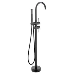 Double-Handles Freestanding Bathtub Faucet Mixer Taps Swivel Spout with Handheld Shower in Matte Black