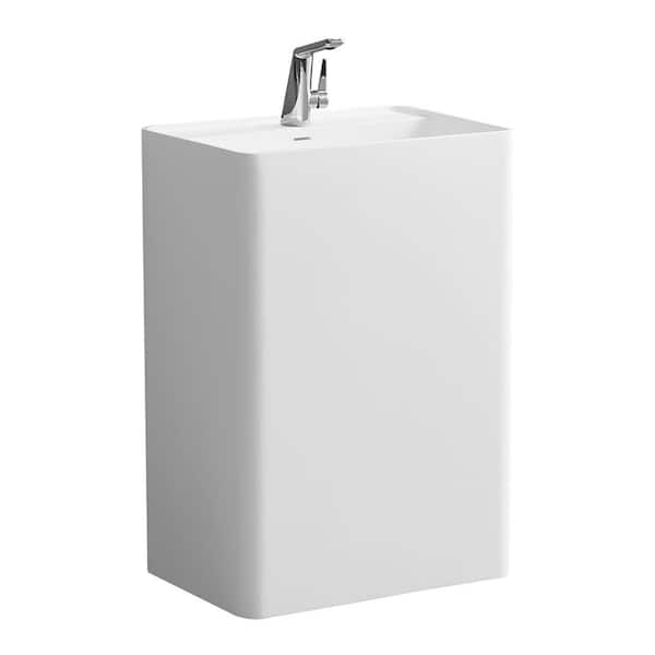 Xspracer Victoria Bathroom Rectangle Solid Surface Basin Pedestal Sink in Matte White with Overflow Drain