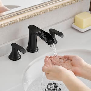 Waterfall 8 in. Widespread Double Handle Brass Bathroom Faucet with Pop Up Drain and Water Supply Hoses in Matte Black
