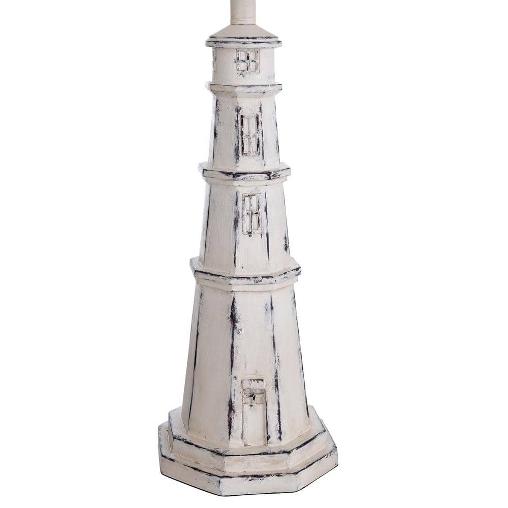 Berwyn Distressed White Lighthouse Table Lamp with Oatmeal Shade