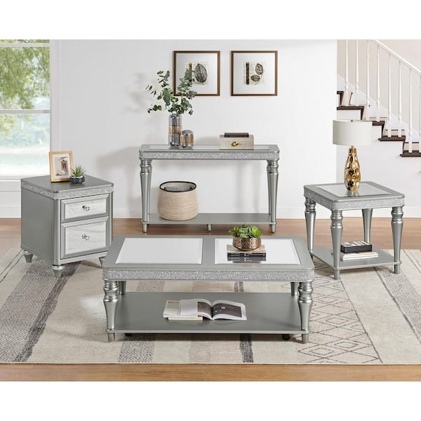 Lavigne 50 in. Silver Rectangle Glass Coffee Table with Casters