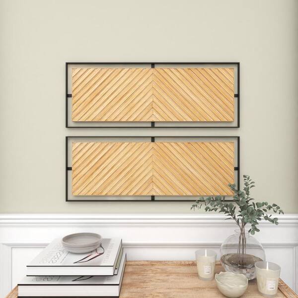 Litton Lane Wood Brown Linear Carved Geometric Wall Decor with Black Frame  (Set of 2) 35878 The Home Depot