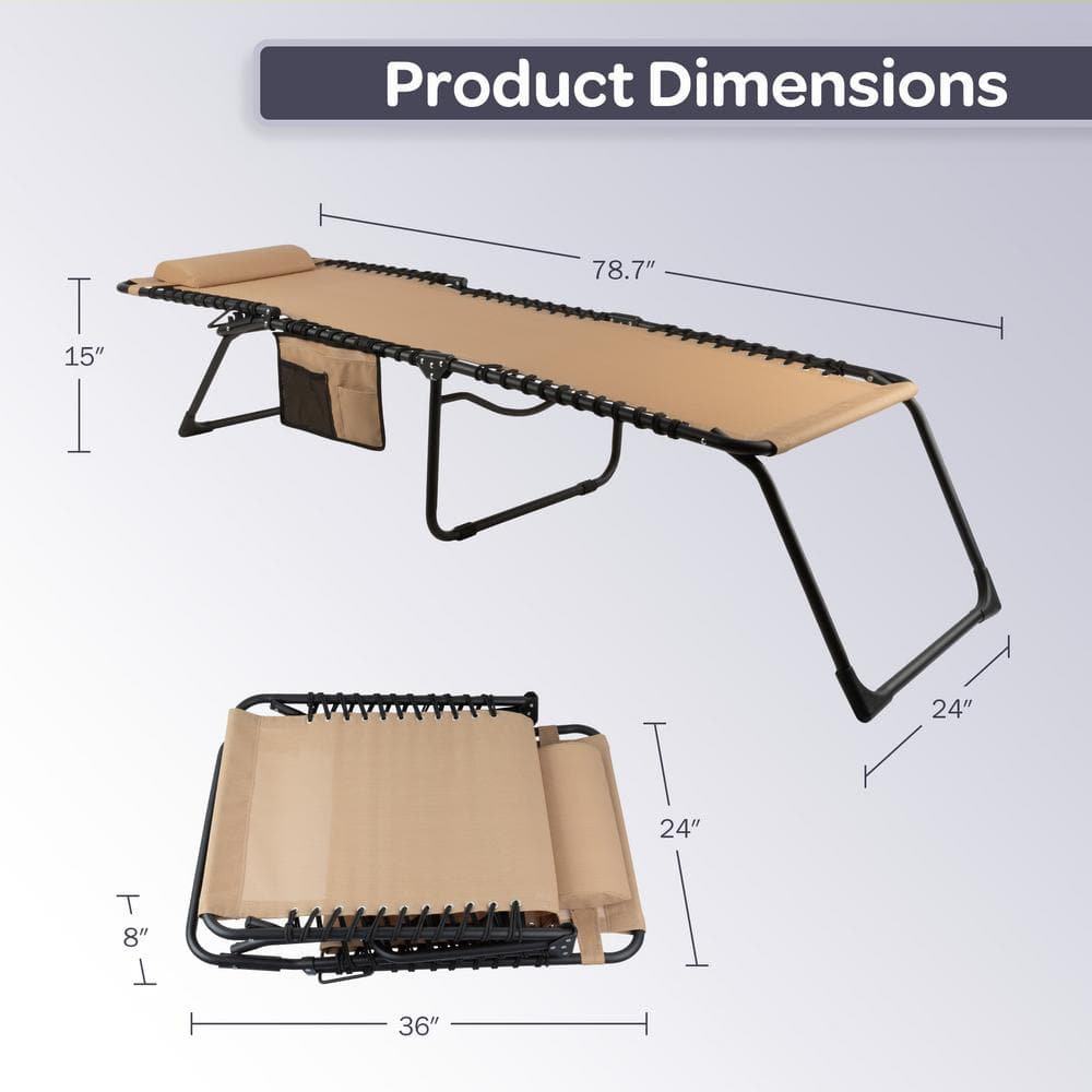 Beige Textilene and Iron Folding Outdoor Chaise Lounge Chair