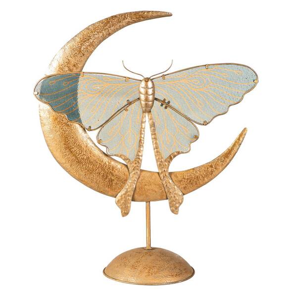 Evergreen Enterprises 22 in. Crescent Moon With Luna Moth Metal Garden Statue, Teal