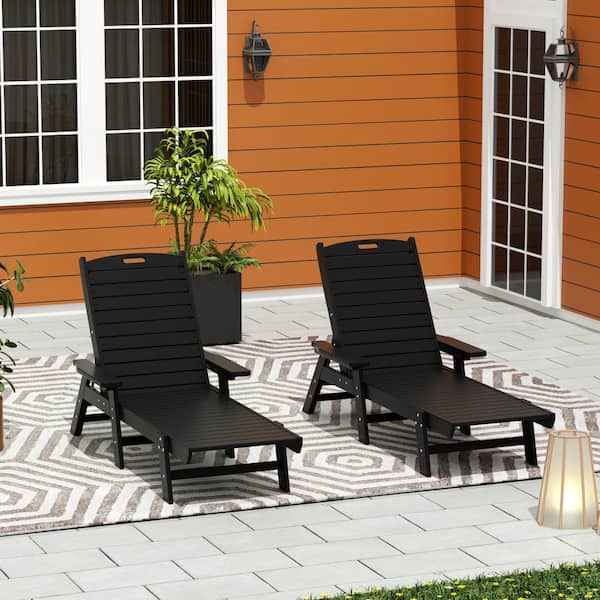 Harlo 2-Piece Black HDPE Fade Resistant All Weather Plastic Reclining Outdoor Adjustable Back Chaise Lounge Arm Chairs