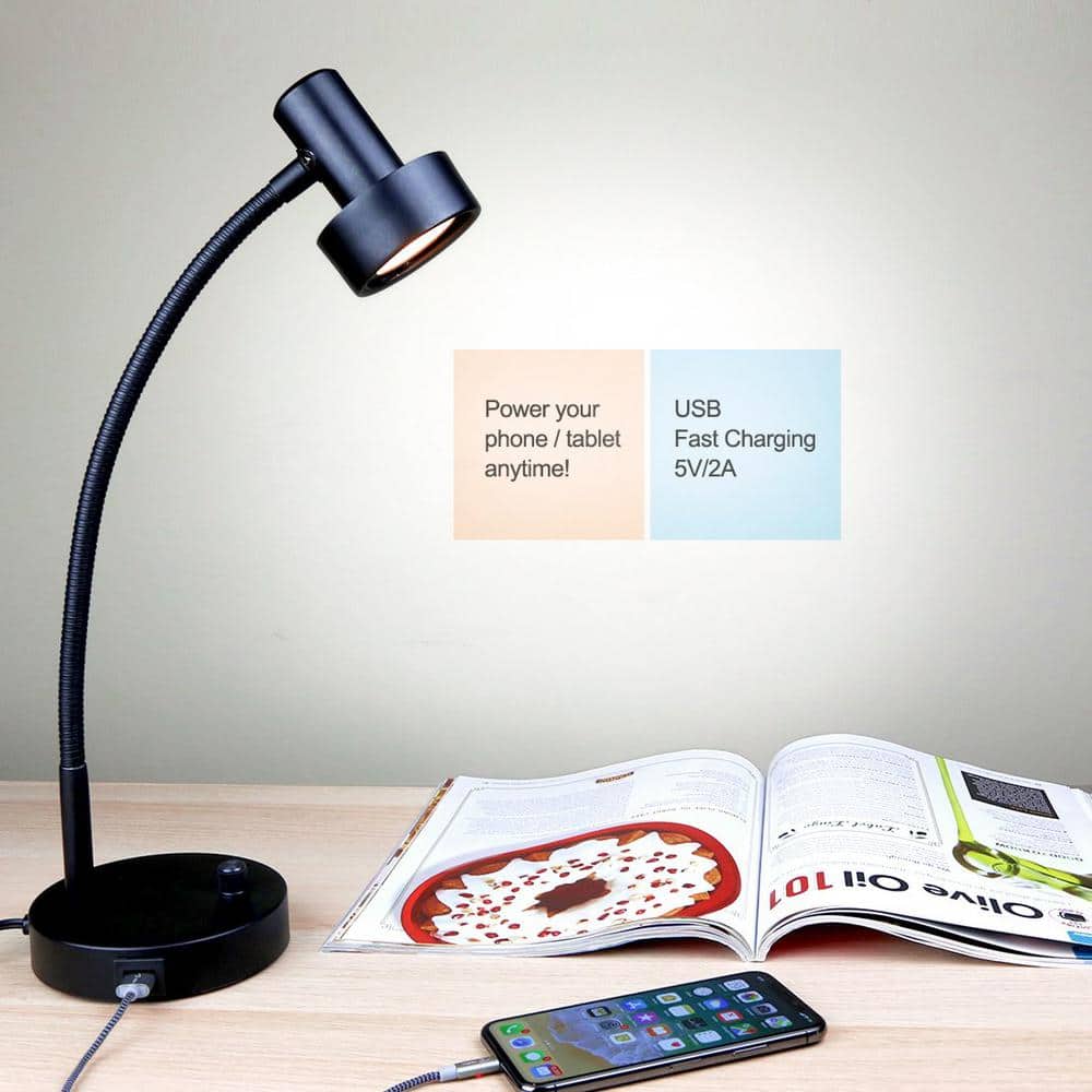 Black Adjustable Metal Gooseneck LED Desk Lamp with USB Port