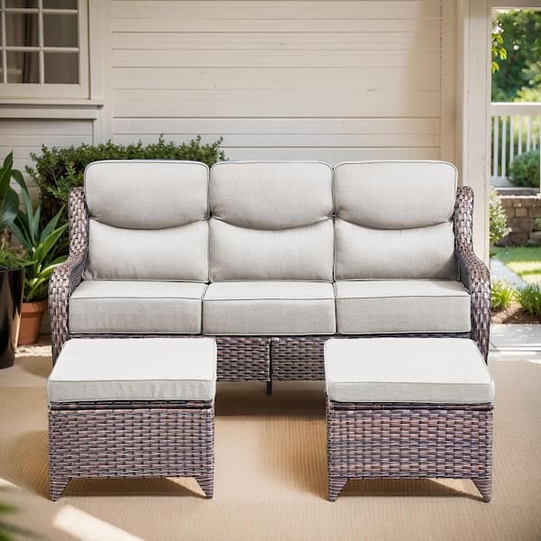 Arcadia 3-Piece Brown Wicker Outdoor 3-Seat Couch with High Curved Back and 6 in. Thick Beige Cushions and Ottomans