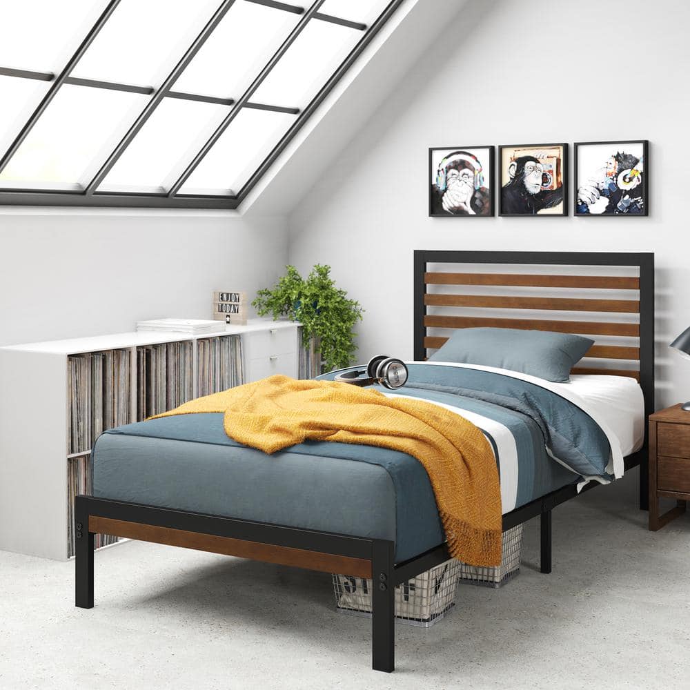 Kai Twin Bamboo and Metal Platform Bed Frame with Headboard