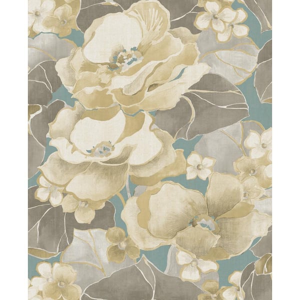 Seabrook Designs Adorn Floral Metallic Greige and Teal Paper Strippable Roll (Covers 56.05 sq. ft.)
