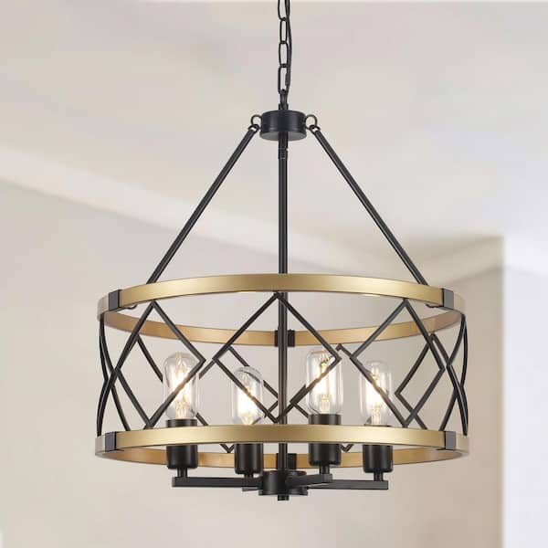 4-Light Black and Gold Circle Hanging Candlestick Linear Chandelier Lighting Fixture for Kitchen Island